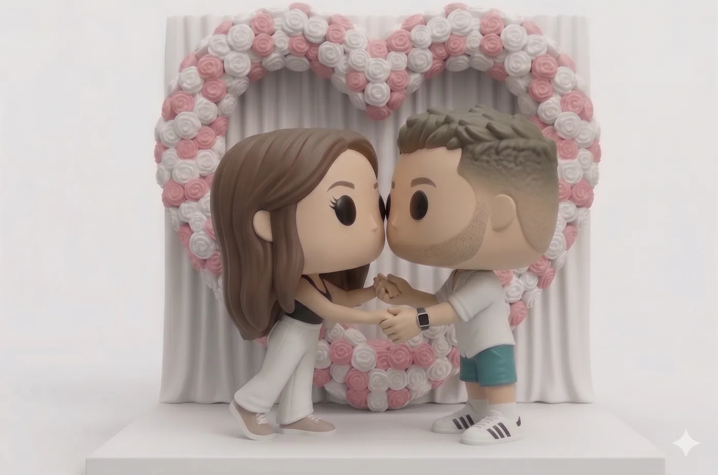 Pareja en estilo cabezón con arco de rosas